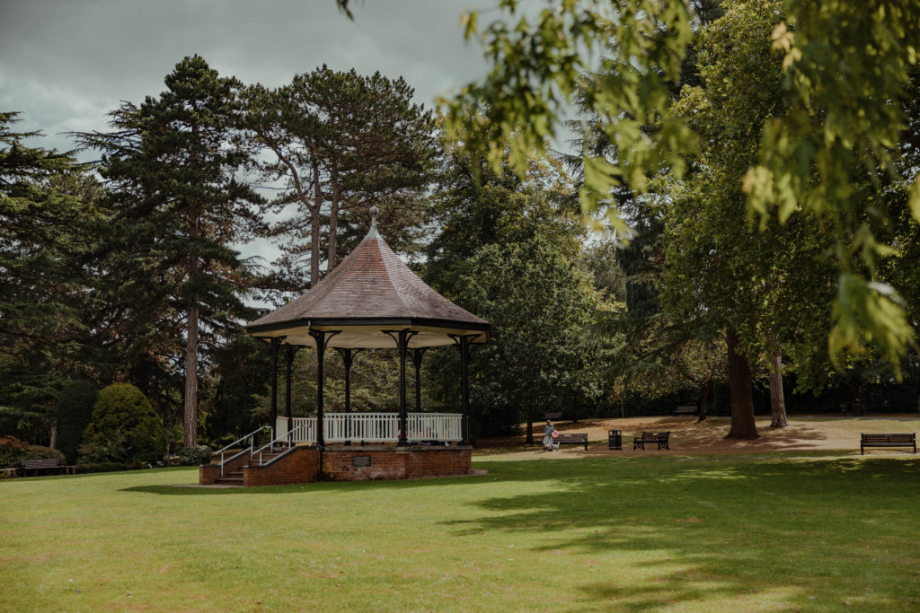 Sun shining on the bandstand in Lido Park, Droitwich Spa.
